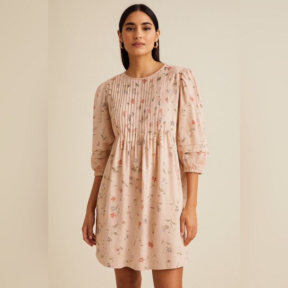 Madewell Floral Pleated Cotton Mini Dress Blush Pink Boho Romantic Cottagecore